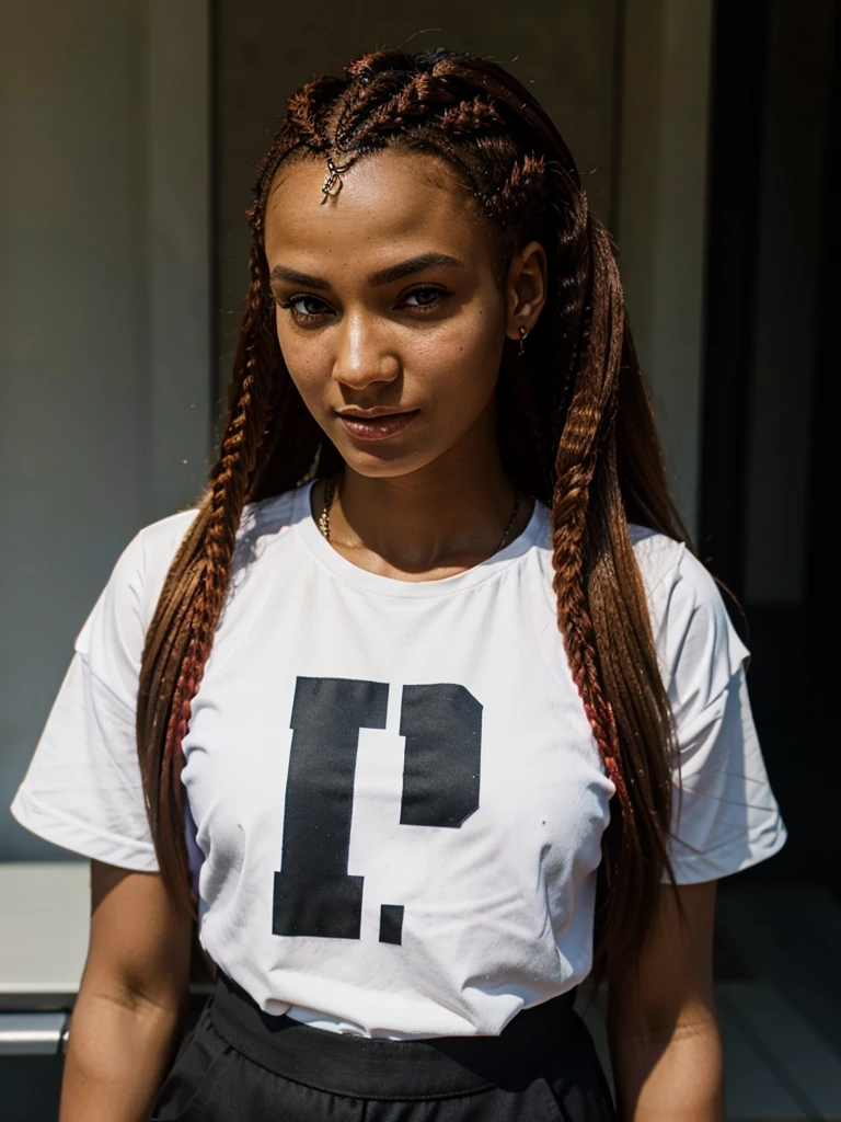 close up portrait of a Beautiful Nigerian black ebony woman with red braids, pink T-shirt. Very dark skin