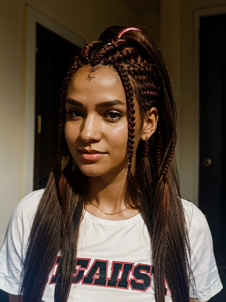 close up portrait of a Beautiful Nigerian black ebony woman with red braids, pink T-shirt. Very dark skin