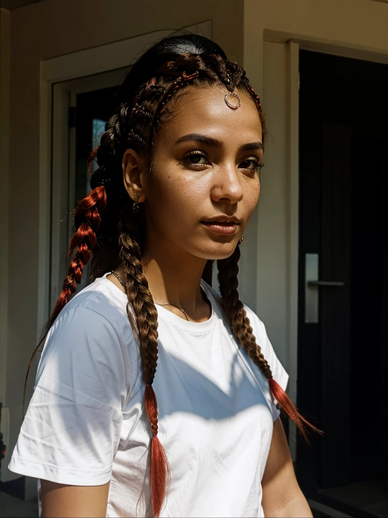 close up portrait of a Beautiful Nigerian black ebony woman with red braids, pink T-shirt. Very dark skin