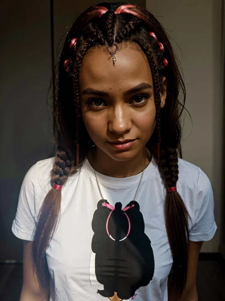 close up portrait of a Beautiful Nigerian black ebony woman with red braids, pink T-shirt. Very dark skin