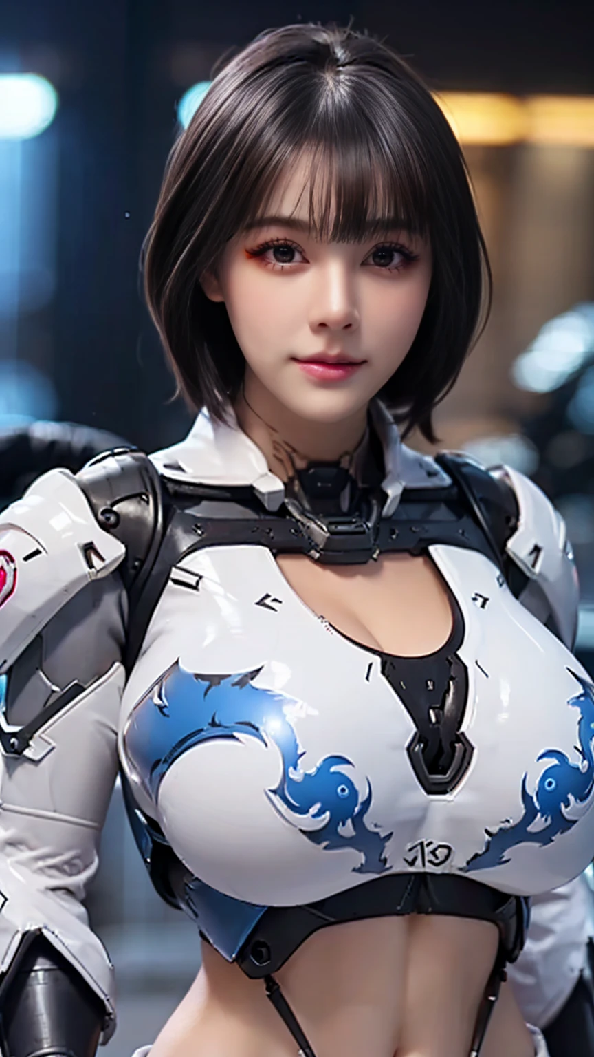 Masterpiece,Game art,The best picture quality,Highest resolution,8K,(Portrait),Unreal Engine 5 rendering works,(Digital Photography),((Portrait Feature:1.5)),
20 year old girl,Short hair details,With long bangs,(The red eye makeup is very meticulous),(With long gray hair:1.4),(Large, full breasts),Elegant and noble,Brave and charming,
(Future armor combined with the characteristics of ancient Chinese armor,Hollow design,Power Armor,The mysterious Eastern runes,A delicate dress pattern,A flash of magic),Warrior of the future,Cyberpunk figures,Background of war,
Movie lights,Ray tracing,Game CG,((3D Unreal Engine)),OC rendering reflection pattern