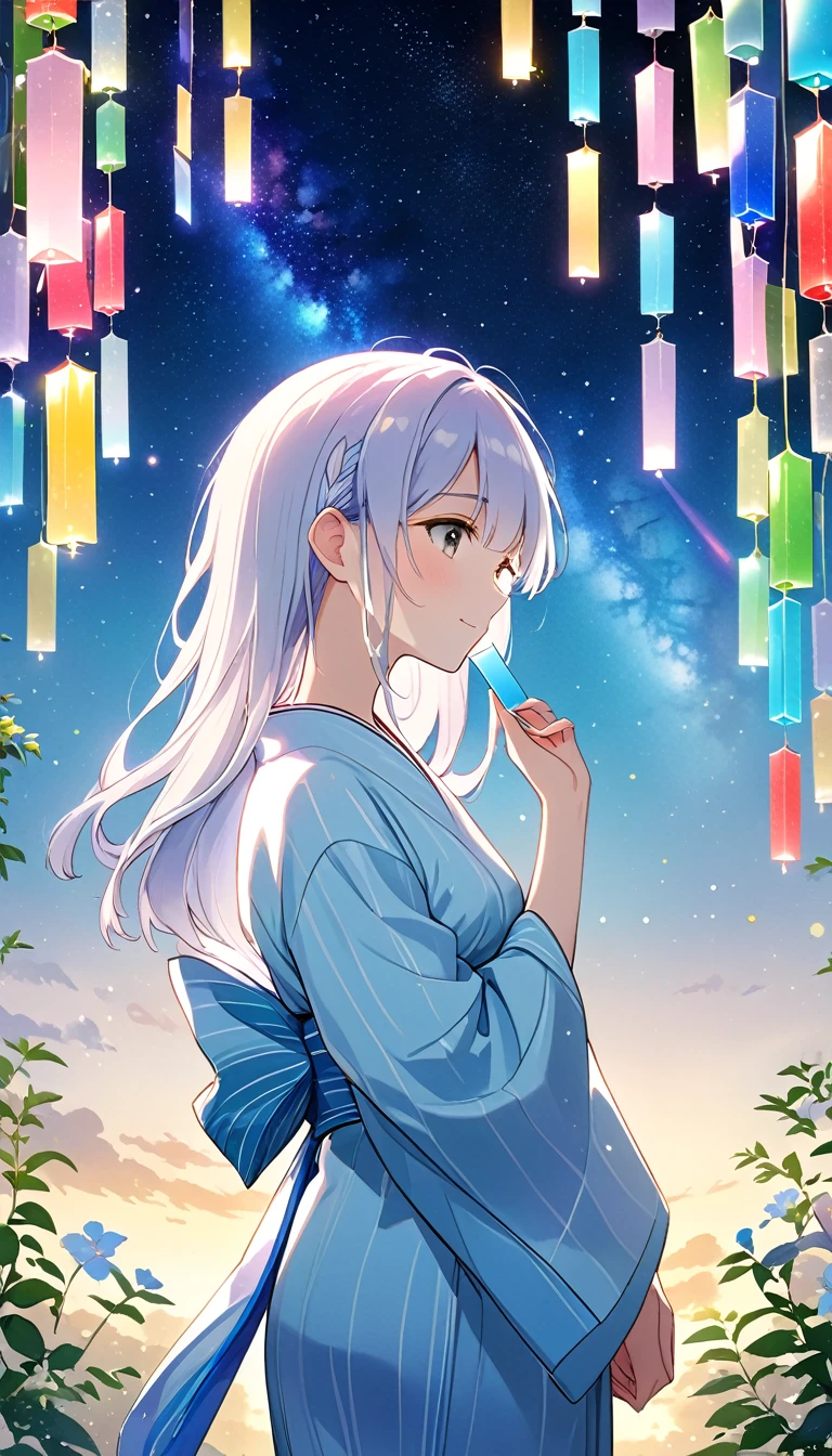 The girl's profile in a yukata was as beautiful and sparkling as the starry sky.
When I looked up, the Milky Way was in a straight line above my head, and the stars Altair and Vega on the opposite bank were shining even brighter as if in unison.
Tonight is Tanabata.
A day when lovers rejoice in meeting each other and are filled with happiness.
ligne claire, detailed madeon, bestQuality, highresolution,(masterpiece, best quality:1.2), cute,(Woman of) unsurpassed beautyglitter background
Spectacular view
One beautiful girl in a thousand years,medium breasts,