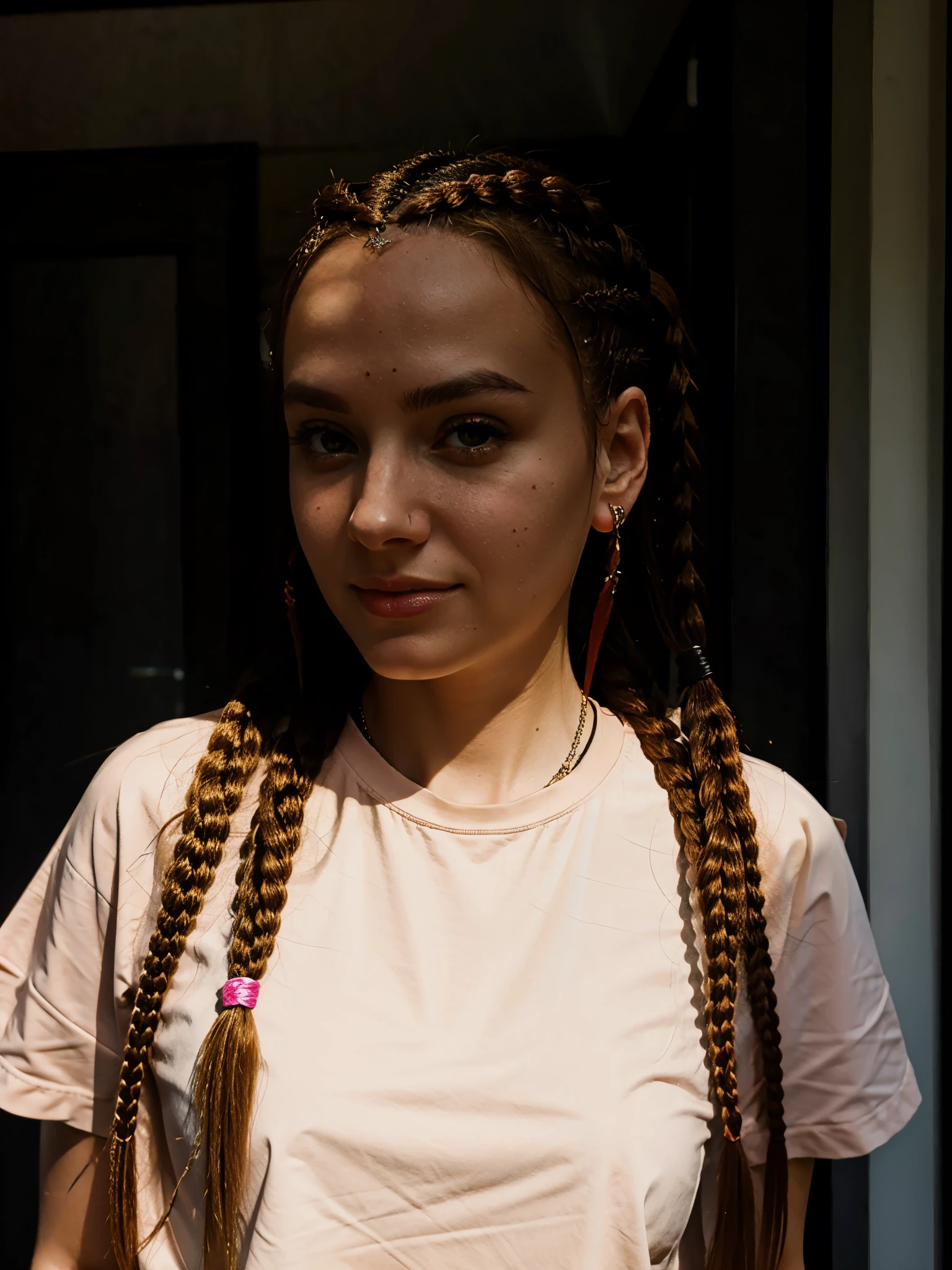 close up portrait of a Beautiful woman with red braids, pink T-shirt.