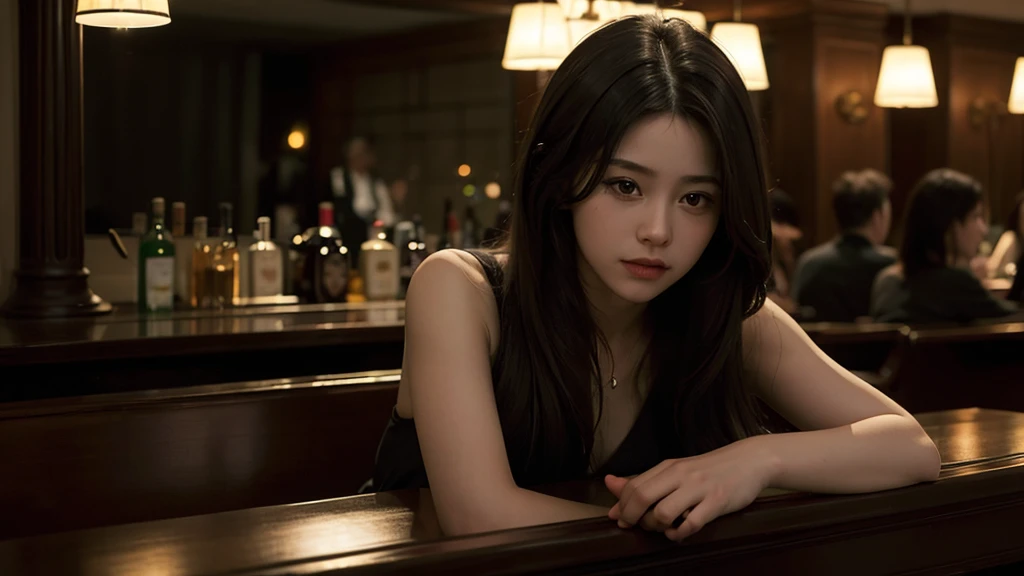 (best quality, masterpiece: 1.1), (fidelity: 1.4), 1 girl, upper body, long hair, 5 star hotel, Jazz Bar, dark atmosphere, Subtle stand lighting,I'm drinking whiskey,piano, instrument,crystal drinking glass, whiskey bottle, cabinet full of liquor bottles,