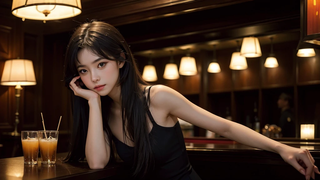 (best quality, masterpiece: 1.1), (fidelity: 1.4), 1 girl, upper body, long hair, 5 star hotel, Jazz Bar, dark atmosphere, Subtle stand lighting,I'm drinking whiskey,piano, instrument,crystal drinking glass, whiskey bottle, cabinet full of liquor bottles,