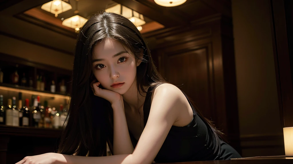 (best quality, masterpiece: 1.1), (fidelity: 1.4), 1 girl, upper body, long hair, 5 star hotel, Jazz Bar, dark atmosphere, Subtle stand lighting,I'm drinking whiskey,piano, instrument,crystal drinking glass, whiskey bottle, cabinet full of liquor bottles,