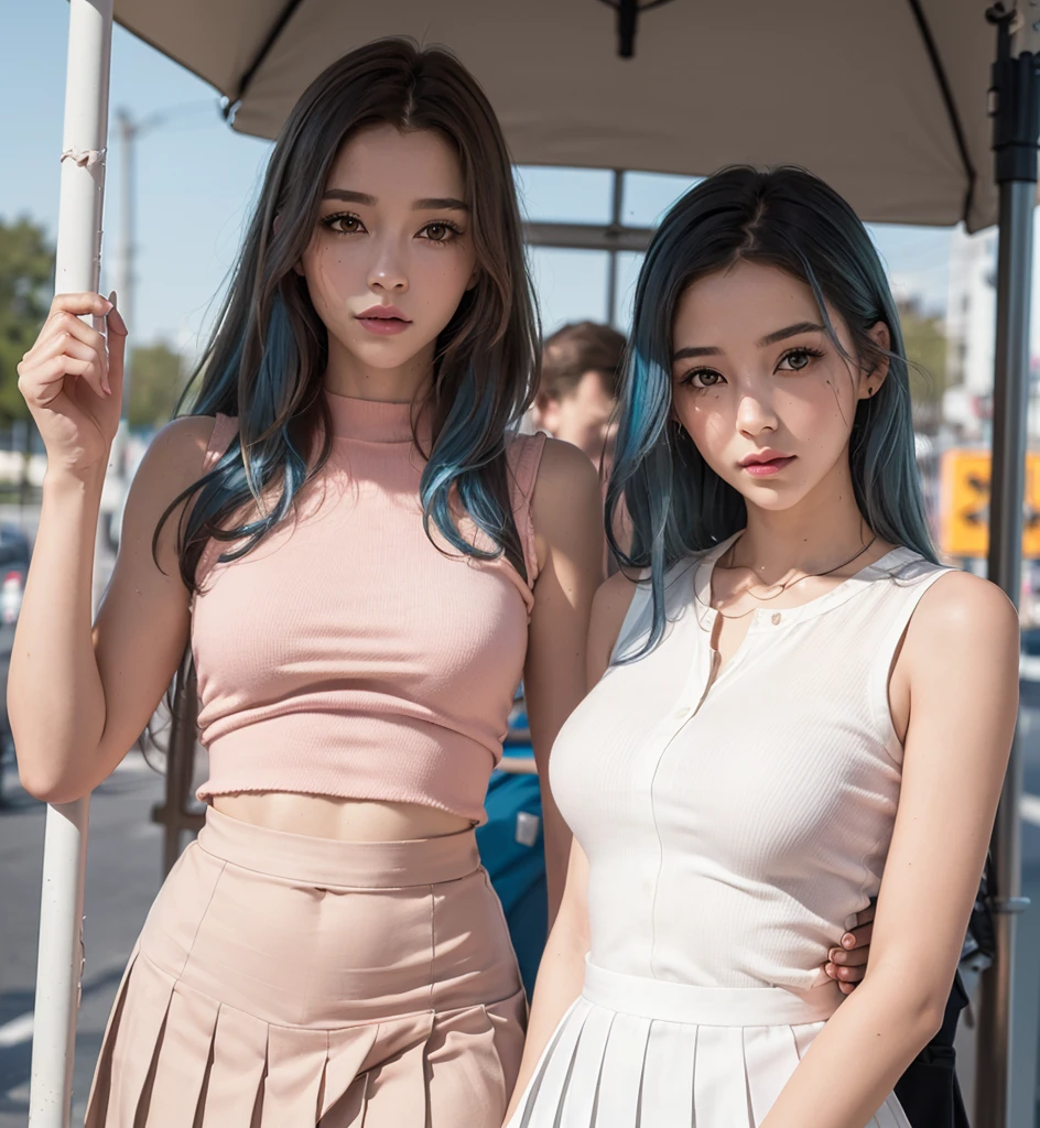 (Best quality, 8K, high resolution, masterpiece: 1.2, DSLR, 16k), ultra detailed, (realistic, photorealistic, photorealistic: 1.37), portrait, creative style artwork, historical, classic, sophisticated, wide variety of colors. Highly detailed, soft lighting, luxurious atmosphere, there is a young woman, ((white sleeveless shirt, pleated miniskirt, (perfect oval shape, asymmetrical facial structure, perfect proportion, almond eye type, hazel eye color). ( eyes detailed, blue hair color, 32 inch breasts, hourglass figure, slim body, pale white skin tone, sexy girl, 22 years old, soft wavy hair, look away, attitude expression, professional makeup, pink lips) standing at bus stop