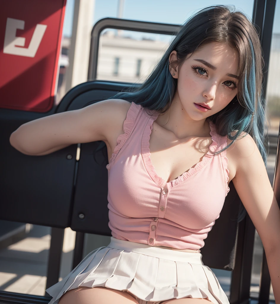 (Best quality, 8K, high resolution, masterpiece: 1.2, DSLR, 16k), ultra detailed, (realistic, photorealistic, photorealistic: 1.37), portrait, creative style artwork, historical, classic, sophisticated, wide variety of colors. Highly detailed, soft lighting, luxurious atmosphere, there is a young woman, ((white sleeveless shirt, pleated miniskirt, (perfect oval shape, asymmetrical facial structure, perfect proportion, almond eye type, hazel eye color). ( eyes detailed, blue hair color, 32 inch breasts, hourglass figure, slim body, pale white skin tone, sexy girl, 22 years old, soft wavy hair, look away, attitude expression, professional makeup, pink lips) standing at bus stop