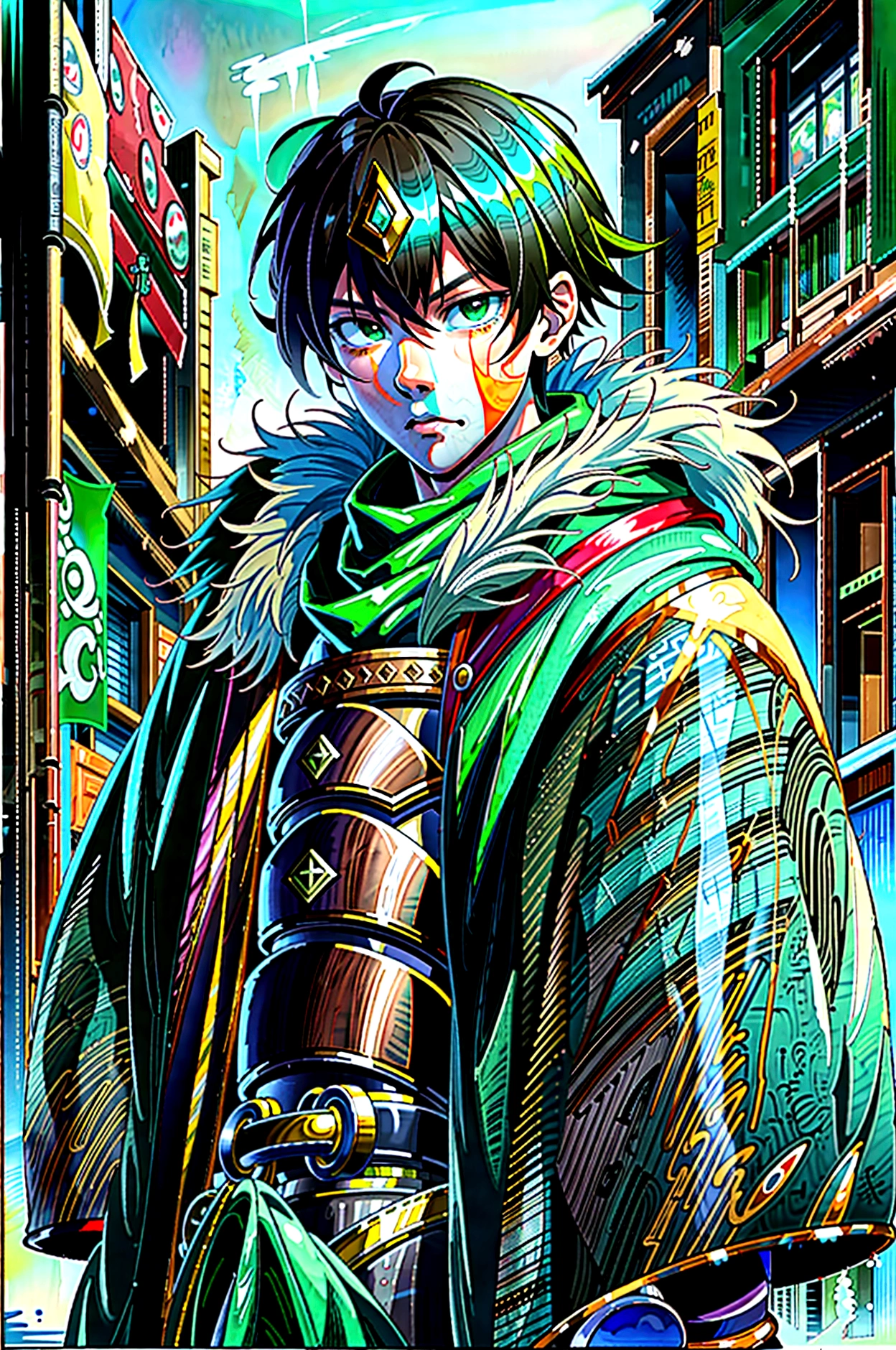 yuichiro hyakuya, expressive eyes, 1 boy, black hair, green eyes, brown coat, gray armor, green shield, green cloak, dark brown gloves, town, fur trim, anime, standing, good quality, portrait, looking at viewer