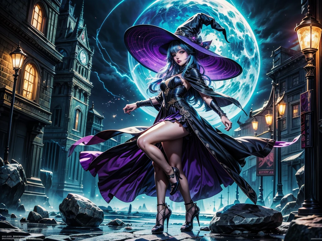 In the middle of so the storm on the stone field stand beatiful witch, she have a beautiful face with blue eyes shining purple lipstick and purple eye shadows, she have long blue hair with purple highlights, she dressed in black long coat short skirt high heels shoes and witch hat on her head , there is lighnings all around her, (ultra high quality fantasy art, anime fantasy style, masterpiece, ultra high quality character design, 8k quality anime art, realistic anime art, top quality wallpaper illustration, detailed ultra high quality accurate face, high quality design and accurate physic)