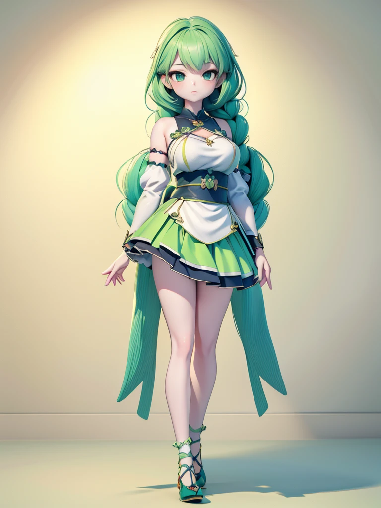 Seizo Watase style, Simple Line Initialism,Abstract art, 3d character, colorful hearts ,(((The most beautiful girl of all time))), (full body 1.2), only girl,20 year old, full body, (((8k))), (((3d)), light green hair, braiding