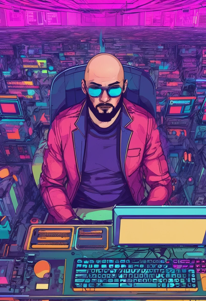 a man sitting at a table with a laptop in front of him, cyberpunk art style, cyberpunk way, not cyberpunk style, hacker cyberpunk, in a room, connected ends