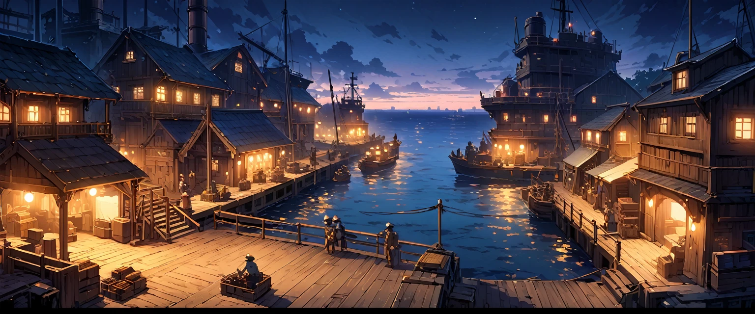 port,欧洲中世纪的port,Sailors and workers moving cargo at the dock,Some wooden cargo ships are docked at the pier waiting for workers to unload their cargo.,Some wooden sailboats have set sail。night,Night view。Mid-ground composition,Panorama pictures,Scene screen,Game concept art style,Anime illustration style,HD,4K。