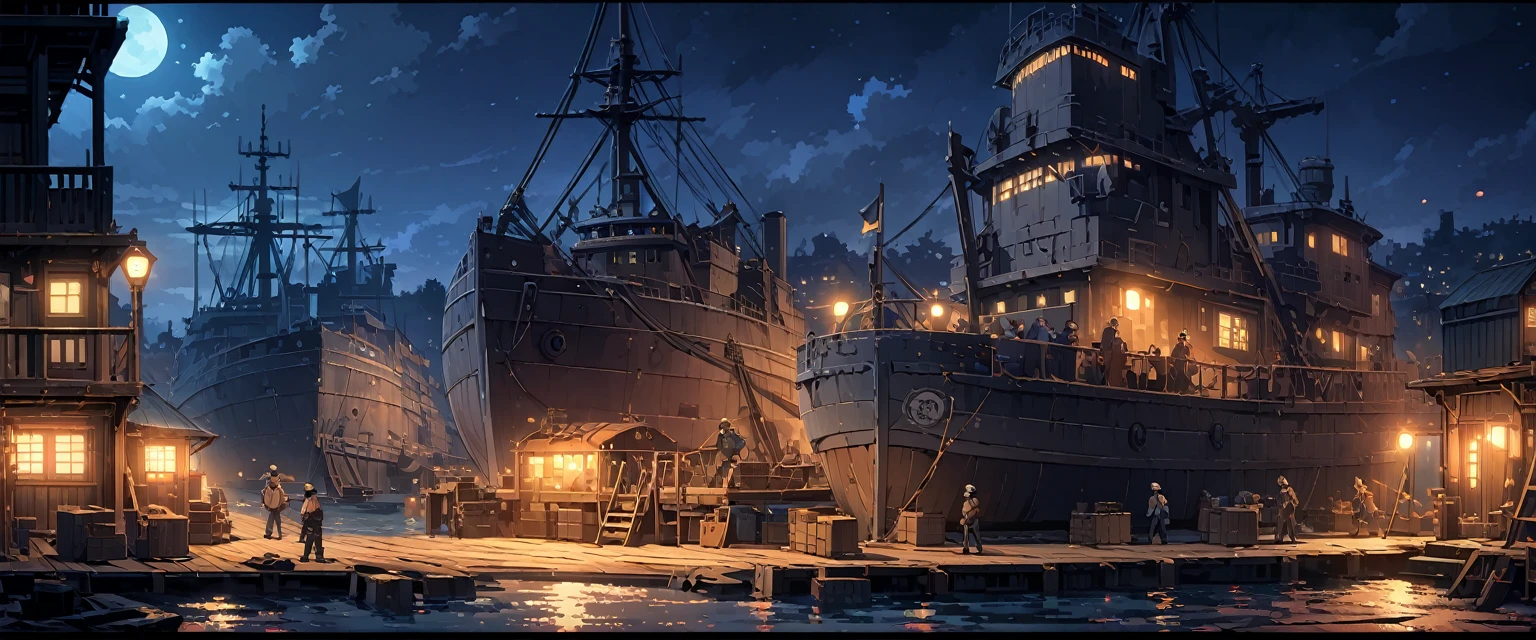 port,欧洲中世纪的port,Sailors and workers moving cargo at the dock,Some wooden cargo ships are docked at the pier waiting for workers to unload their cargo.,Some wooden sailboats have set sail。night,Night view。Mid-ground composition,Panorama pictures,Scene screen,Game concept art style,Anime illustration style,HD,4K。