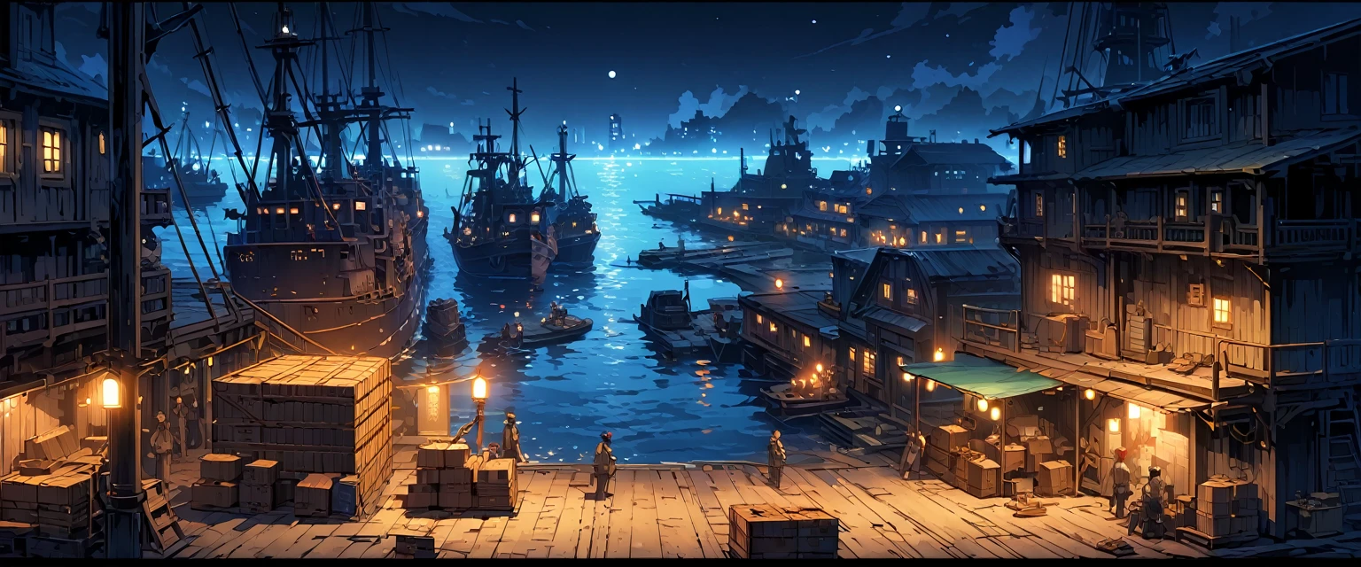 port，欧洲中世纪的port，Sailors and workers moving cargo at the dock，Some wooden cargo ships are docked at the pier waiting for workers to unload their cargo.，Some wooden sailboats have set sail。night，Night view。Mid-ground composition，Panorama pictures，Scene screen，Game concept art style，Anime illustration style，HD，4K。