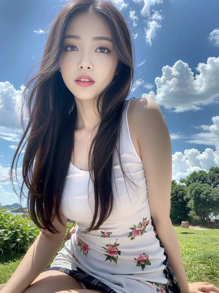 ((Best Quality, 8K, Masterpiece:1.3)), A beautiful girl, pure, melon face, gentle and cute, thin figure, facing right, head to right, lips closed, upper body leaning forward, [plaid skirt::0], [microskirt::0], pleated dress, print dress, negligee, loungewear, black silky long hair, round black big eyes, clear big eyes, Hydrated red lips, sweet, sitting, blue sky and white clouds, flower background,