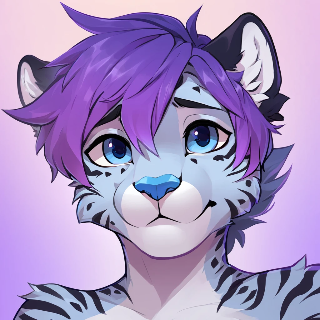 adult, feline, mammal, anthro, anthropomorphic, snow_leopard, striped_feline, fur, furred_anthro, femboy, male, bangs, ear_tufts, blue_nose, blue_fingers, hair_tuft, hair_between_eyes, fluffy, feline_ears, expressive_eyes, purple_hair, looking_at_viewer, blue_fur, shy, small_pupils, spotted_pattern, stripes, tiger_stripes, digital_art, high_resolution, high_res, high_quality, purple_blue_background, gradient_background, profile_picture, headshot, bust, close_up, head_visible