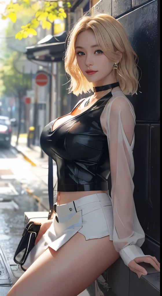 Woman, Blonde Hair, Short Hair, Bob Cut, Large Breasts, Black Skirt, Blue Buttoned Shirt, Cleavage, (Wet shirt), (Bra Visible), Hard Nipples, Standing in the Rain, Heavy Rains