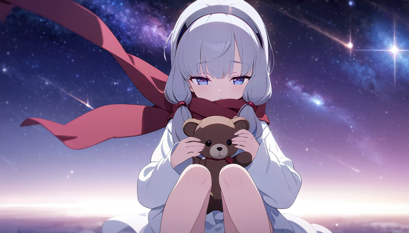 (((masterpiece))), (((best quality))),(((high detail))),light manipulation, girl with long silver hair, gradient purple to sky blue eyes, wearing a white dress, a red scarf, (((loli))), (((child))) , galaxy background, holding a teddy bear, feet, no footwear