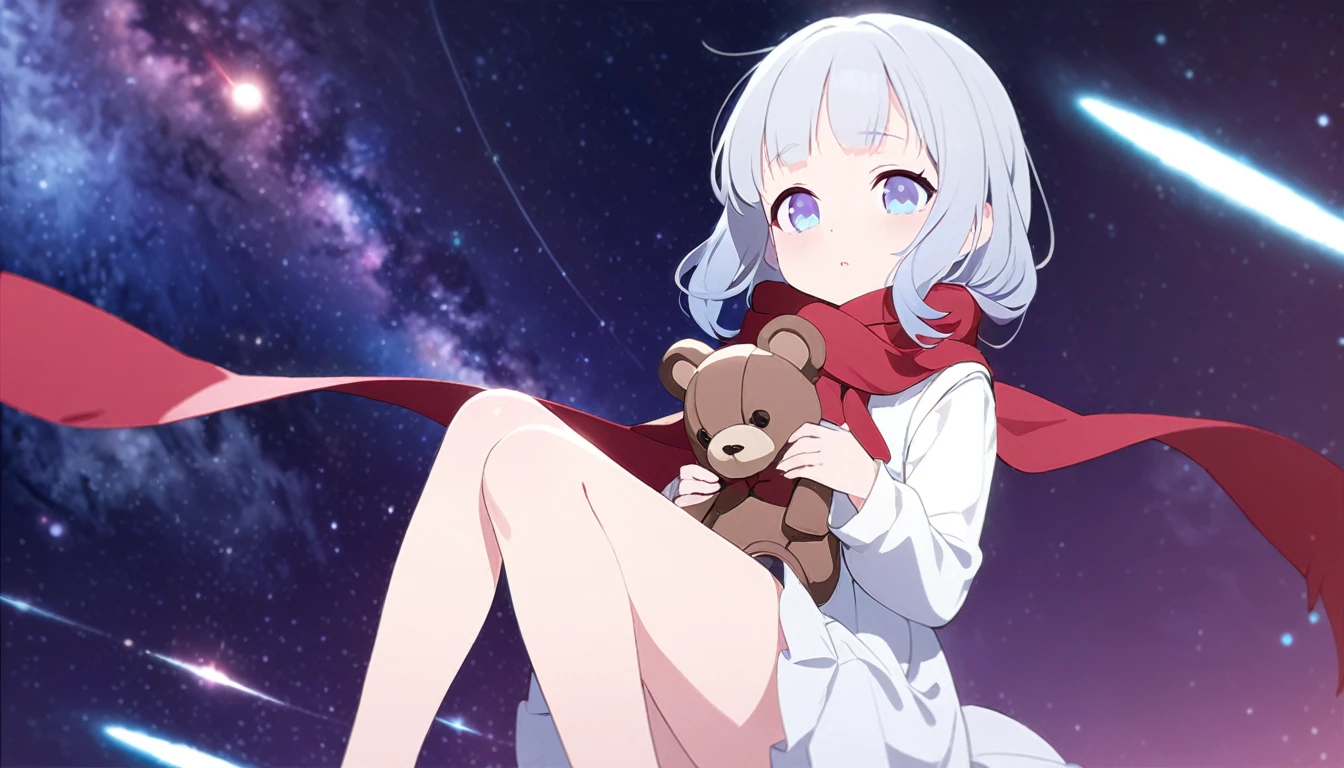 (((masterpiece))), (((best quality))),(((high detail))),light manipulation, girl with long silver hair, gradient purple to sky blue eyes, wearing a white dress, a red scarf, ((())), (((child))) , galaxy background, holding a teddy bear, feet, no footwear