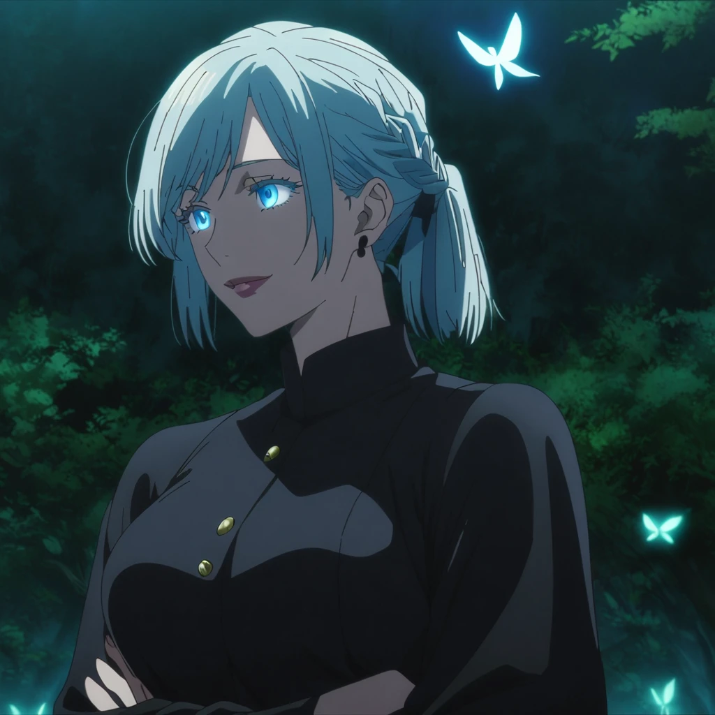1girl, female gojo satoru, anime screencap from jujutsu kaisen, gojo satoru female version, solo, medium_hair, ((Blue universal eyes)) (( Silver_hair braid )), night view, (hanging breasts) upper_body, smile, forest background, glowing butter fly, book, Blue_eyes, lips, (swept bangs) ((wearing black colour outfit with button)) breast, "very detailed and high resolution" (Blue eyes) (cross arms) (( ponytail braid )) ((solo)) (front view) (earings) ((high resolution)) ((good quality)) ((swept bangs))