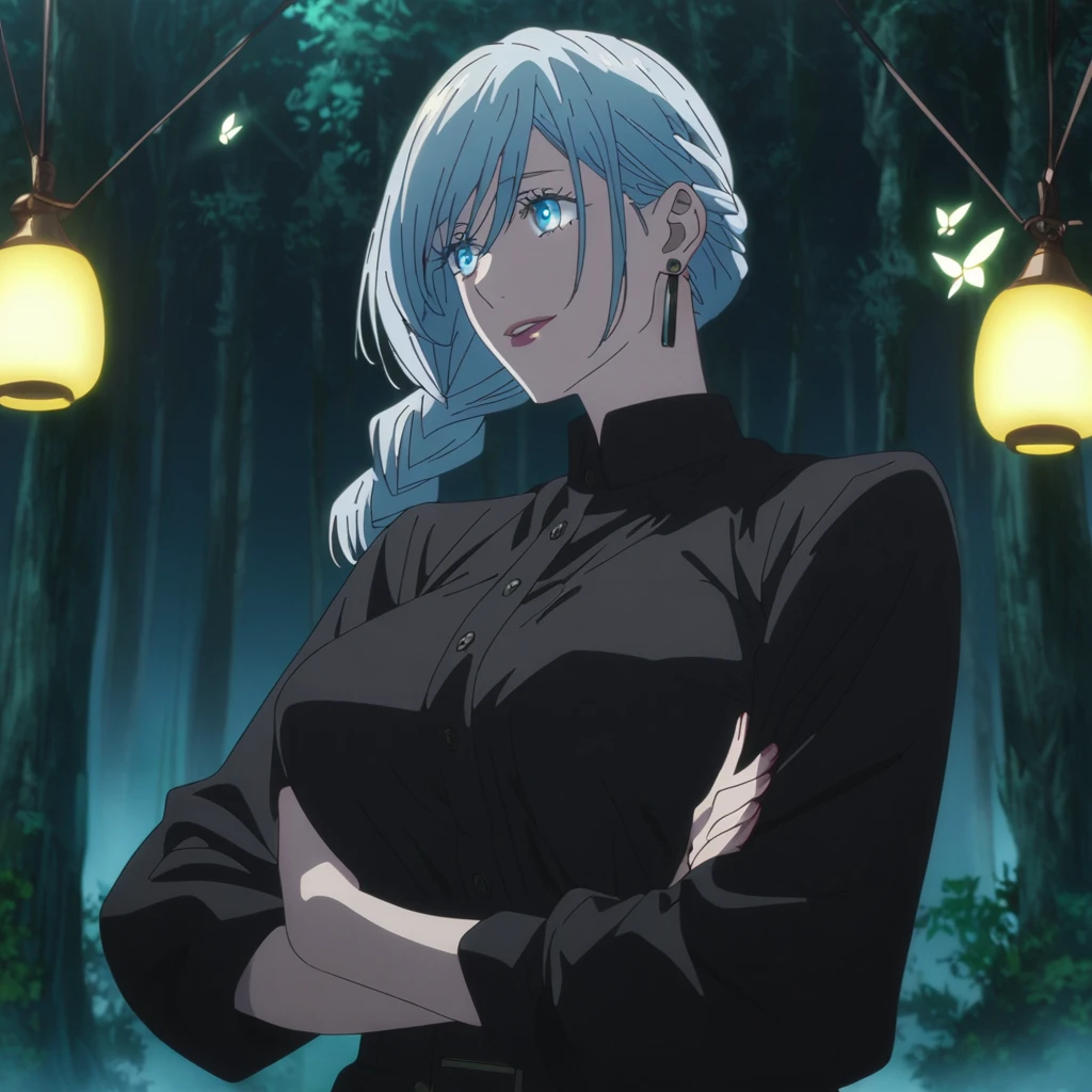 1girl, female gojo satoru, anime screencap from jujutsu kaisen, gojo satoru female version, solo, medium_hair, ((Blue universal eyes)) (( Silver_hair braid )), night view, (hanging breasts) upper_body, smile, forest background, glowing butter fly, book, Blue_eyes, lips, (swept bangs) ((wearing black colour outfit with button)) breast, "very detailed and high resolution" (Blue eyes) (cross arms)  (( ponytail braid )) ((solo)) (front view) (earings) ((high resolution)) ((good quality)) ((swept bangs))