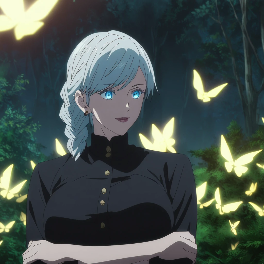 1girl, female gojo satoru, anime screencap from jujutsu kaisen, gojo satoru female version, solo, medium_hair, ((Blue universal eyes)) (( Silver_hair braid )), night view, (hanging breasts) upper_body, smile, forest background, glowing butter fly, book, Blue_eyes, lips, (swept bangs) ((wearing black colour outfit with button)) breast, "very detailed and high resolution" (Blue eyes) (cross arms)  (( ponytail braid )) ((solo)) (front view) (earings) ((high resolution)) ((good quality)) ((swept bangs))