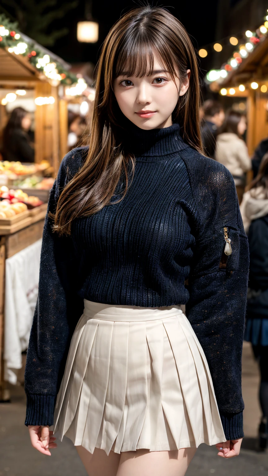 (8k,masterpiece, RAW photo,best quality:1.4),(photo realistic:1.2),(extremely detailed face),(shiny skin),(detailed skin),(detailed face),(extremely beautiful face),1girl,looking at viewer,Japanese idle(actress), brown hair,medium hair,straight hair,asymmetrical bangs,smile,glamor,(large breasts), plumpy breasts, (Fleece jacket, turtleneck sweater, Pleated skirt:1.2), christmas market,high position,professional lighting