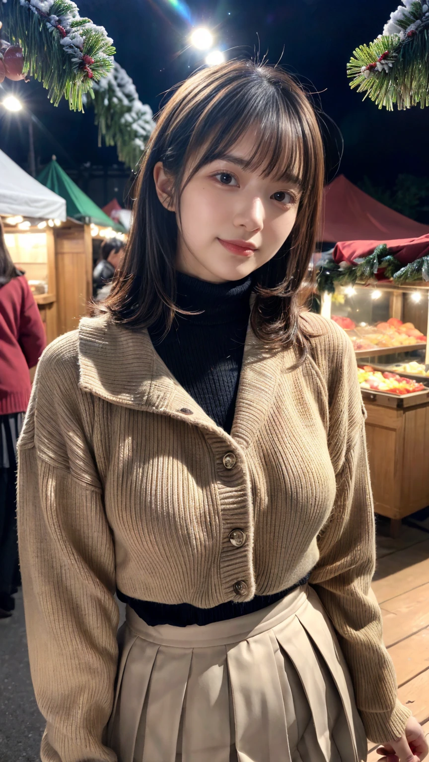 (8k,masterpiece, RAW photo,best quality:1.4),(photo realistic:1.2),(extremely detailed face),(shiny skin),(detailed skin),(detailed face),(extremely beautiful face),1girl,looking at viewer,Japanese idle(actress), brown hair,medium hair,straight hair,asymmetrical bangs,smile,glamor,(large breasts), plumpy breasts, (Fleece jacket, turtleneck sweater, Pleated skirt:1.2), christmas market,high position,professional lighting