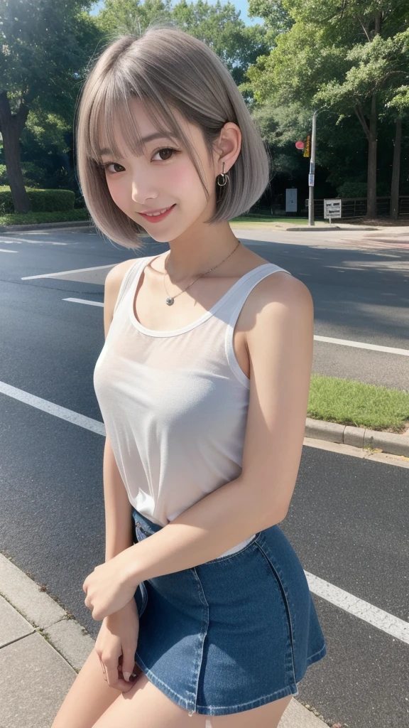 (8K, Photorealistic, Raw photo, Highest quality: 1.4),Japanese idol-style beautiful girl,1 person,18-year-old,(Short Bob),(Silver Hair :1.1),She has her hair tucked behind her ears,Clear grey eyes,Long eyelashes,(piercings(small)),(Lip gloss),lips(Plump,glossy),thin long neck,(Sleeveless shirt(Transparency)),(flare skirt(Transparency)),pumps,Park Trails,Date with boyfriend,Smiling at the camera,Full body portrait