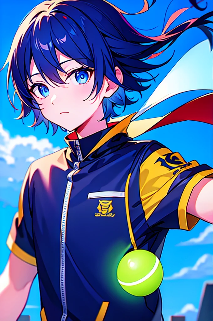 [(SKYBLUE BACKGROUND:1.5),::5], ((((masterpiece)))), high quality, ultra very high resolution, full color, (((solo))), ((little boy)), oriental deepBlue hair, (oriental deepblue eyes), anime, ((upper body)), neon light, black parka, 