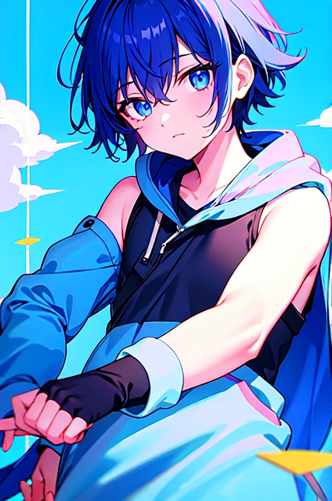 [(SKYBLUE BACKGROUND:1.5),::5], ((((masterpiece)))), high quality, ultra very high resolution, full color, (((solo))), (( boy)), oriental deepBlue hair, (oriental deepblue eyes), anime, ((upper body)), neon light, black parka, 