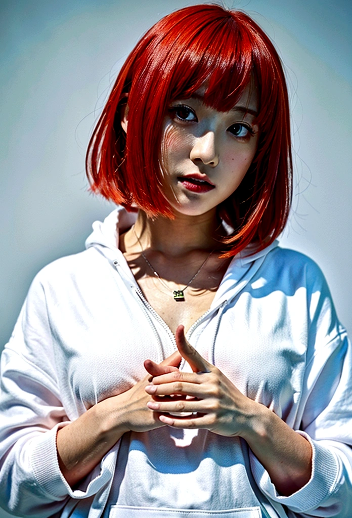 (Highest quality, 8K, 32k, masterpiece, Ultra-high resolution:1.2),Beautiful Japanese Women Photos, Rainbow clothes、Rainbow hoodie、Large Breasts, Very short bob hair,Red hair, necklace, Simple Background, From above, View your viewers,Red Hair、White background、Colorful clothing