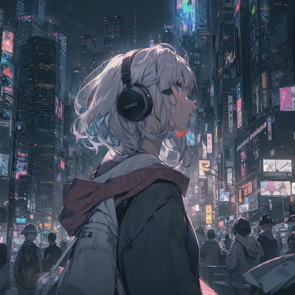 1 Girl, night, , Urban Crossroads、Girl wearing headphones, late night , Listening to music alone, City Pop, high quality,  綺麗なnight景、Lo-Fi, Chill, late night,Urban hustle and bustle、 crowd, ,nightの街中 futuristic night 