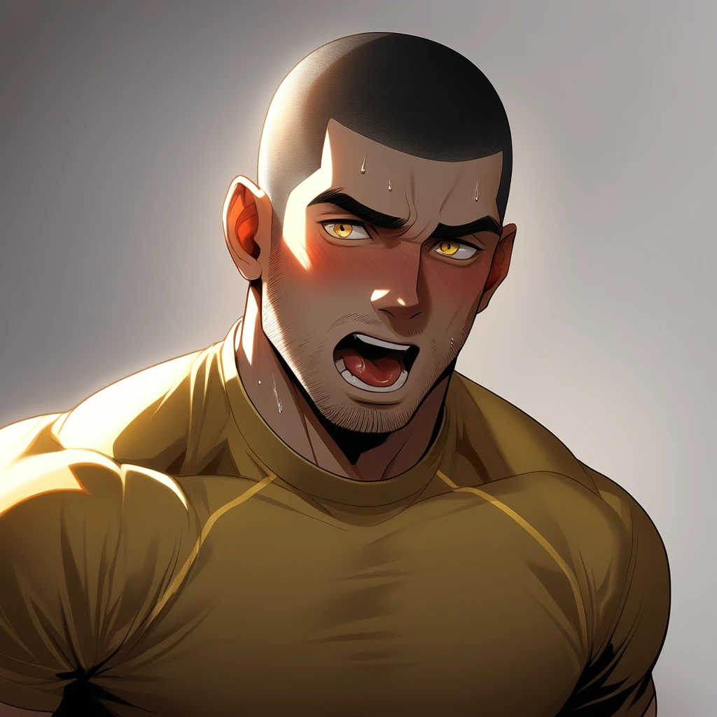 1muscular sportsman, Athlete, male focus, Buzz Cut, Yellow and black tight T-shirt, One, Very tight, muscular male, muscular, only, Upper body, alone, look to the side, short hair, stubble, sweat, black hair, Yellow eyes, open lips, White background, simple background, amazing quality, best aesthetics, Ridiculous, crew cut, moaning, blush, saliva trail, chiaroscuro, cinematic lighting, best quality, textured skin