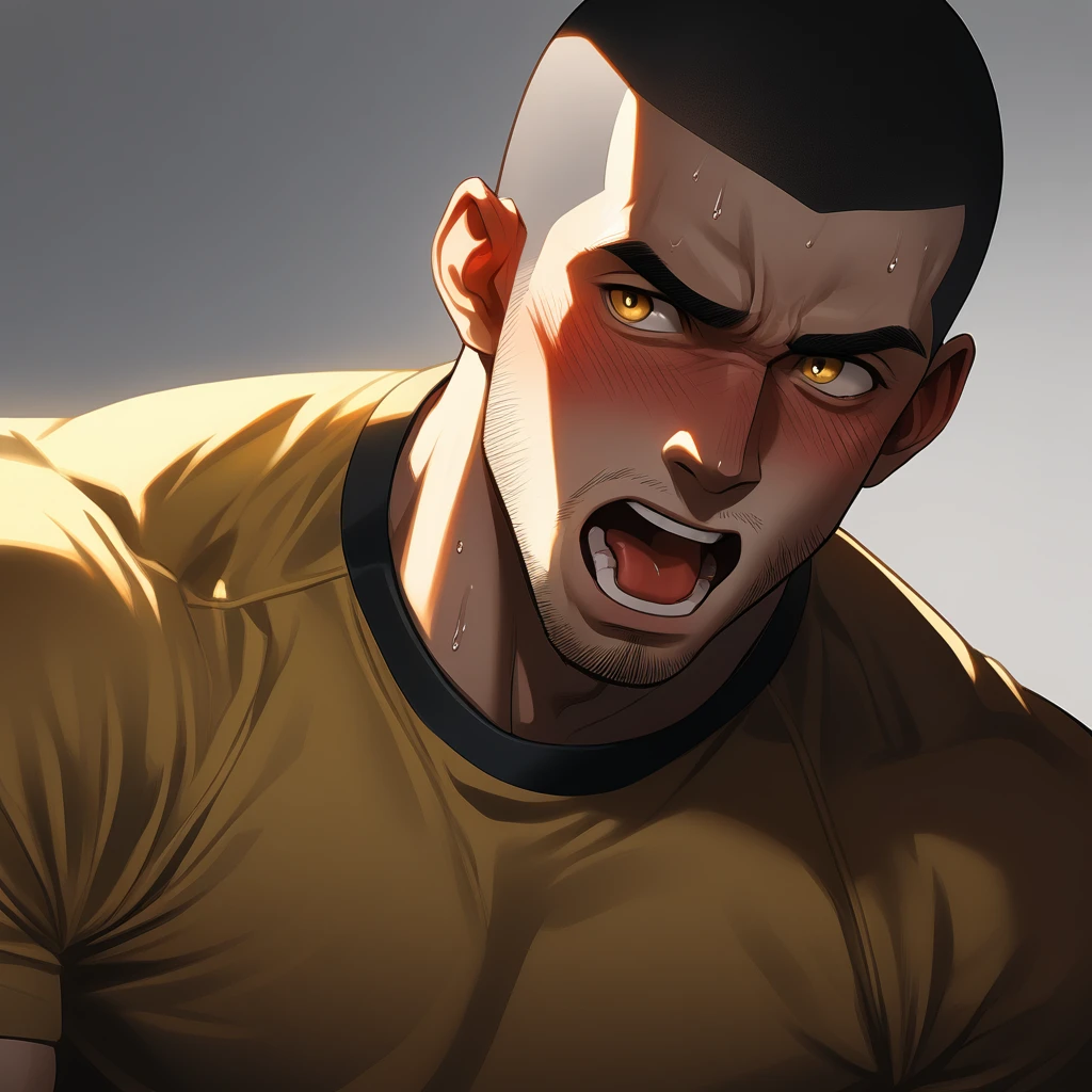 1muscular sportsman, Athlete, male focus, Buzz Cut, Yellow and black tight T-shirt, One, Very tight, muscular male, muscular, only, Upper body, alone, look to the side, short hair, stubble, sweat, black hair, Yellow eyes, open lips, White background, simple background, amazing quality, best aesthetics, Ridiculous, crew cut, moaning, blush, saliva trail, chiaroscuro, cinematic lighting, best quality, textured skin