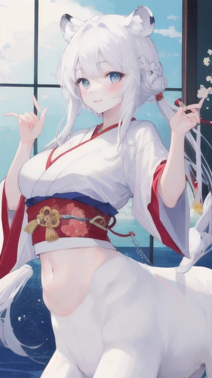 (best quality, masterpiece), 1 girl, centaur, It takes, White skin, Japanese , exposing the abdomen,belly button t-shirt, beautiful girl perfect wolf photo, perfect wolf photo
