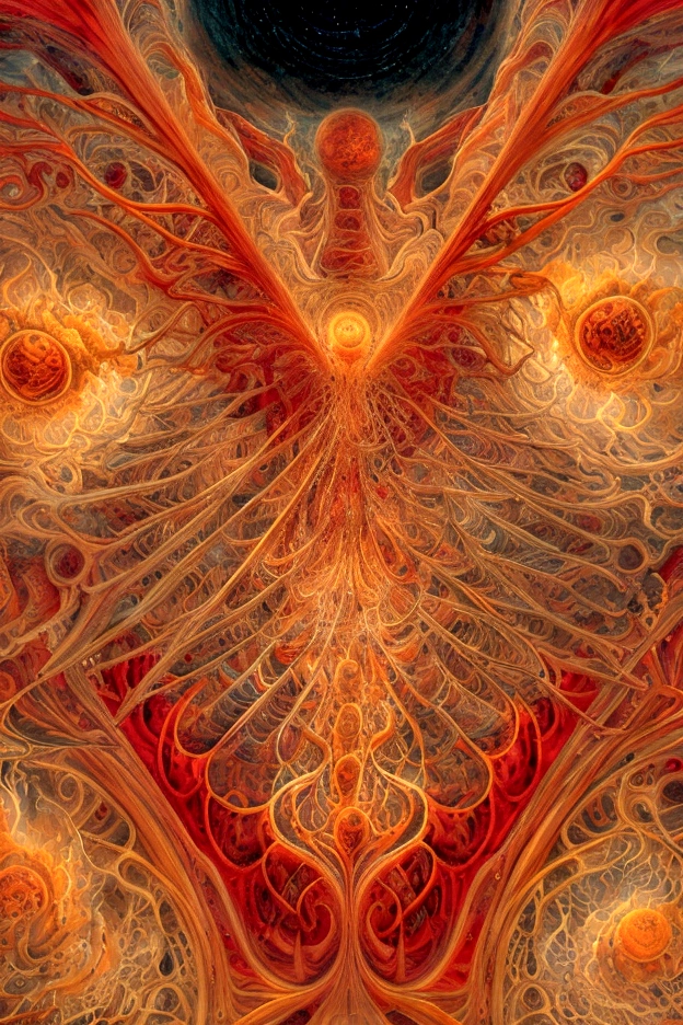 π+300×21^(20),the Spirit of the Primal fire, Judgement,fractal, glowing orange scarlet, vermillion, orange flecked gold and vermillion flecked crimson and emerald, perpetual intelligence,4k resolution,hyperdetailed,masterpiece, 3d modelling, deep wiew,abstract art, digital art