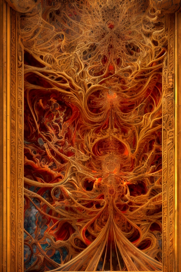 π+300×21^(20),the Spirit of the Primal fire, Judgement,fractal, glowing orange scarlet, vermillion, orange flecked gold and vermillion flecked crimson and emerald, perpetual intelligence,4k resolution,hyperdetailed,masterpiece, 3d modelling, deep wiew,abstract art, digital art