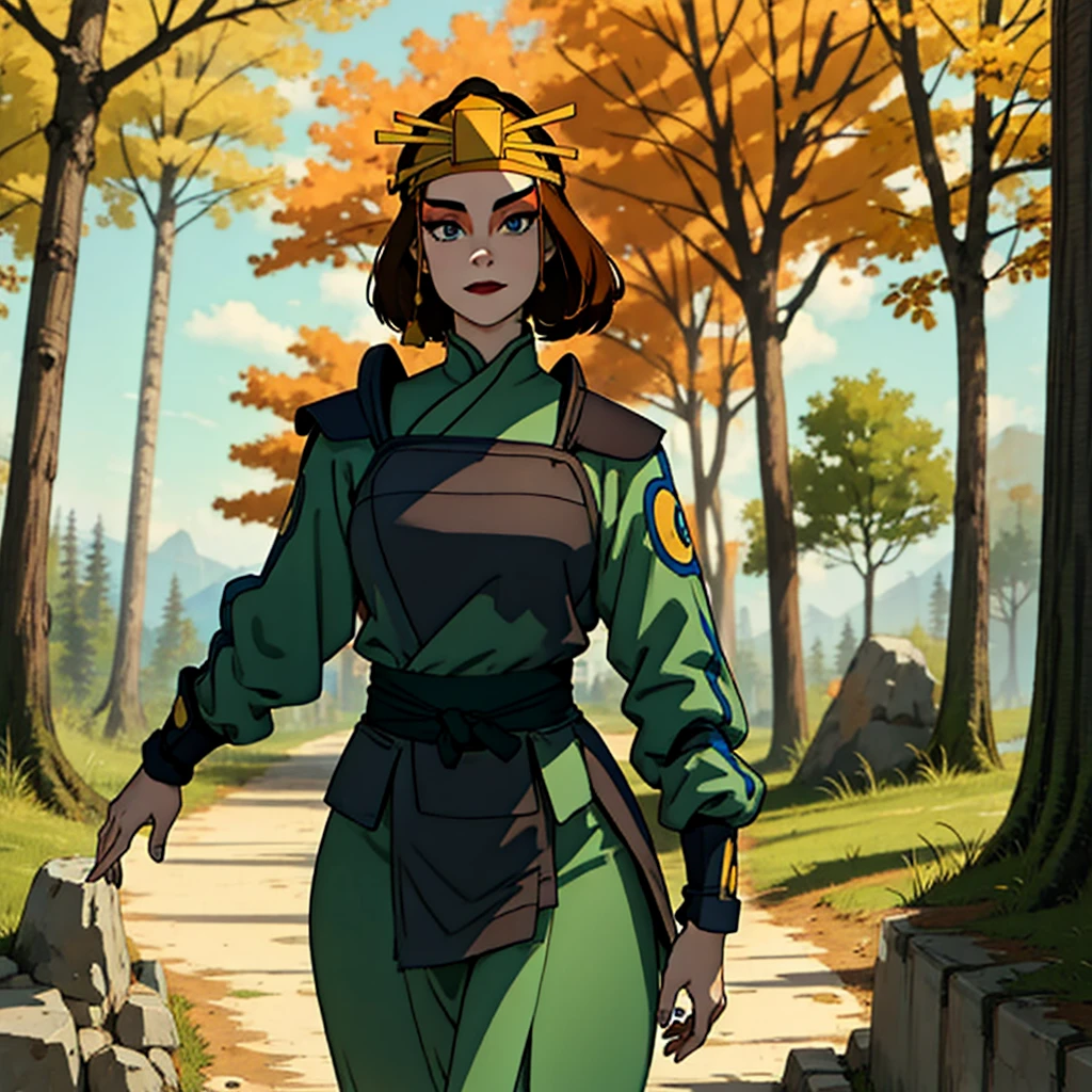 (masterpiece, best quality, high resolution: 1.4), 1 girl, dinamic pose, fully clothed body, modesty, front, tall woman, (masterpiece), (best quality), (ultra high resolution), 1 girl ,rocks, trees, plants, brown hair, blue eyes, kyoshi warrior, makeup, lipstick, headband, green suit, smile, look at viewer, masterpiece, best quality, high quality, extremely detailed CG unity 8k wallpaper, digital illustration, trends, pastel colors, perfect fingers, perfect full body, extremely detailed.