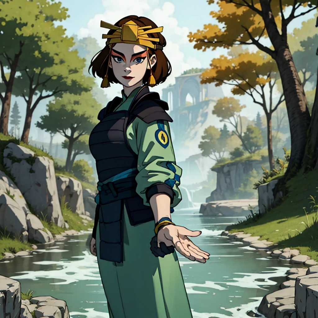 (masterpiece, best quality, high resolution: 1.4), 1 girl, dinamic pose, fully clothed body, modesty, front, tall woman, (masterpiece), (best quality), (ultra high resolution), 1 girl ,rocks, trees, plants, brown hair, blue eyes, kyoshi warrior, makeup, lipstick, headband, green suit, smile, look at viewer, masterpiece, best quality, high quality, extremely detailed CG unity 8k wallpaper, digital illustration, trends, pastel colors, perfect fingers, perfect full body, extremely detailed.