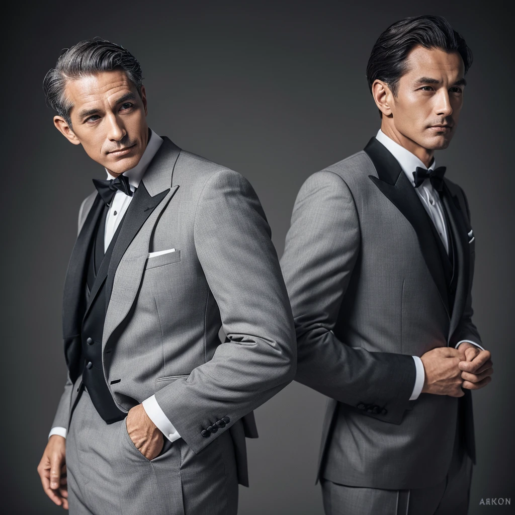 A smart, grey-haired man wearing an elegant, black tuxedo suit　Upper Body　front　Late 30s～Early 40s Highest quality
