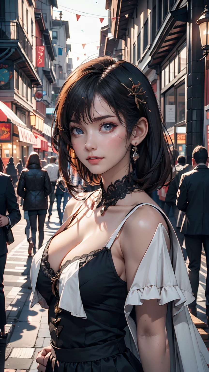 masterpiece, Highest quality, Miranda, (Half Body Shot,Street lamp,moon),masterpiece, One girl, Solo Exhibitions, Beautiful woman on a busy street, Surrounded by peddlers, Beautiful Goddess Girl Portrait, Beautiful and elaborate face, Porcelain-like skin, (((Bust Shot, center, night, Black Hair, short hair)), Very soft lighting, Symmetric, complicated, grace, High detail, realism, art, concept art,