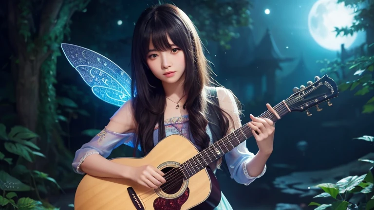 Asian Girl,Fairy tale,She has straight bangs and is holding an acoustic guitar.,Fantasy Background, Night atmosphere