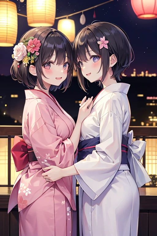 浴衣を着た大人のmalefemaleのカップル,laughing,A very happy smile,romantic,美しい場所で愛し合う会うmalefemaleの二人,Tanabata,Black Hair_male,Black yukata_male,Straight Hair_male,Dark Chestnut Hair_female,Pale pink yukata_female,Floral Yukata_female,Flower Hair Ornaments_female,Beautiful views,Two people holding hands,Walking,Summer festival,night