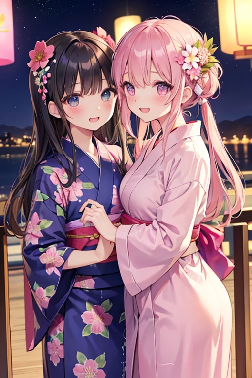 浴衣を着た大人のmalefemaleのカップル,laughing,A very happy smile,romantic,美しい場所で愛し合う会うmalefemaleの二人,Tanabata,Black Hair_male,Black yukata_male,Straight Hair_male,Dark Chestnut Hair_female,Pale pink yukata_female,Floral Yukata_female,Flower Hair Ornaments_female,Beautiful views,Two people holding hands,Walking,Summer festival,night