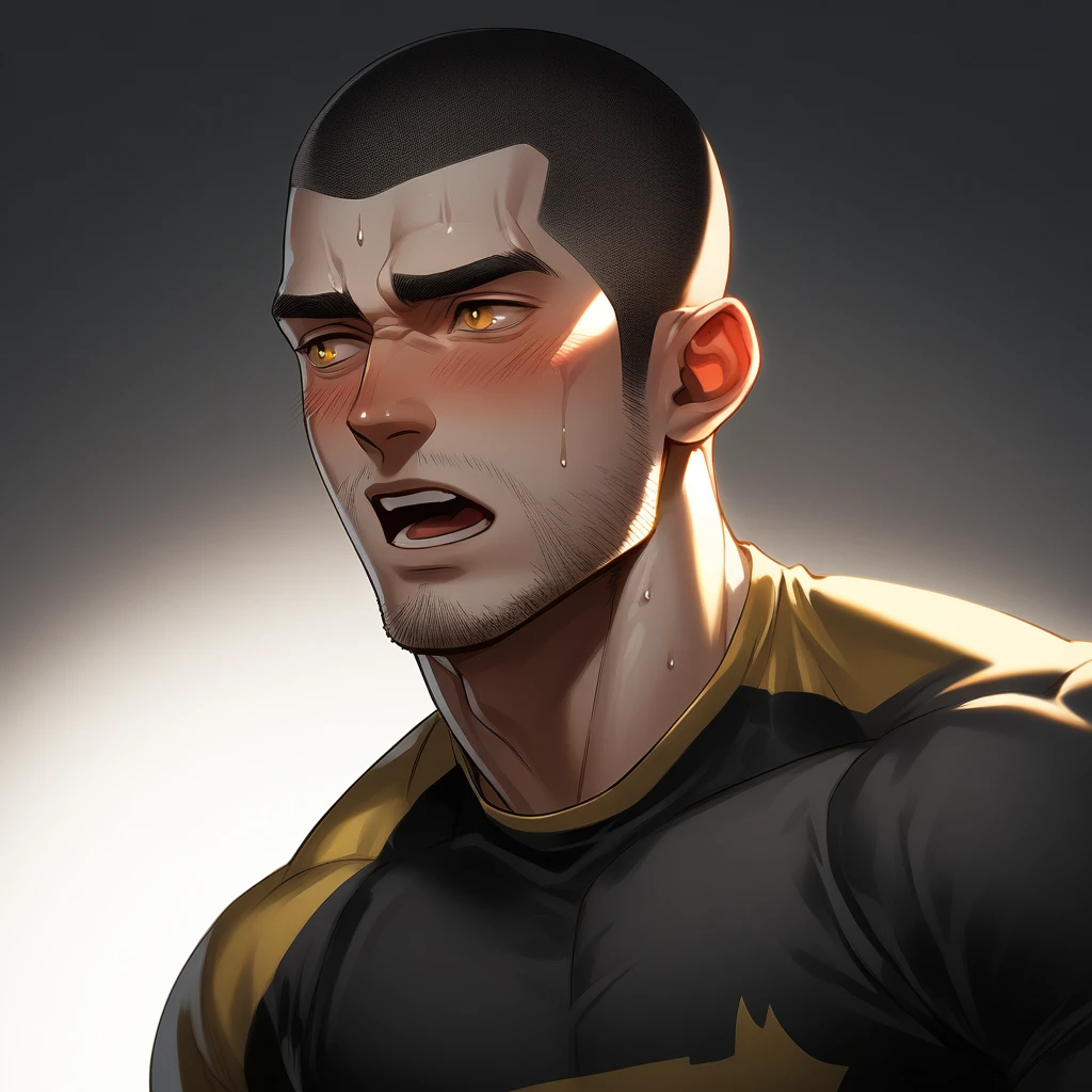 1muscular sportsman, Athlete,male focus, Buzz Cut, Yellow and black tight T-shirt, one ,Very tight, muscular male, muscular, only, Upper body, alone, look to the side, short hair, stubble, sweat, black hair, Yellow eyes, open lips, White background, simple background, amazing quality, best aesthetics, Ridiculous, crew cut, moaning, blush, clair obscur, cinematic lighting, best quality, textured skin