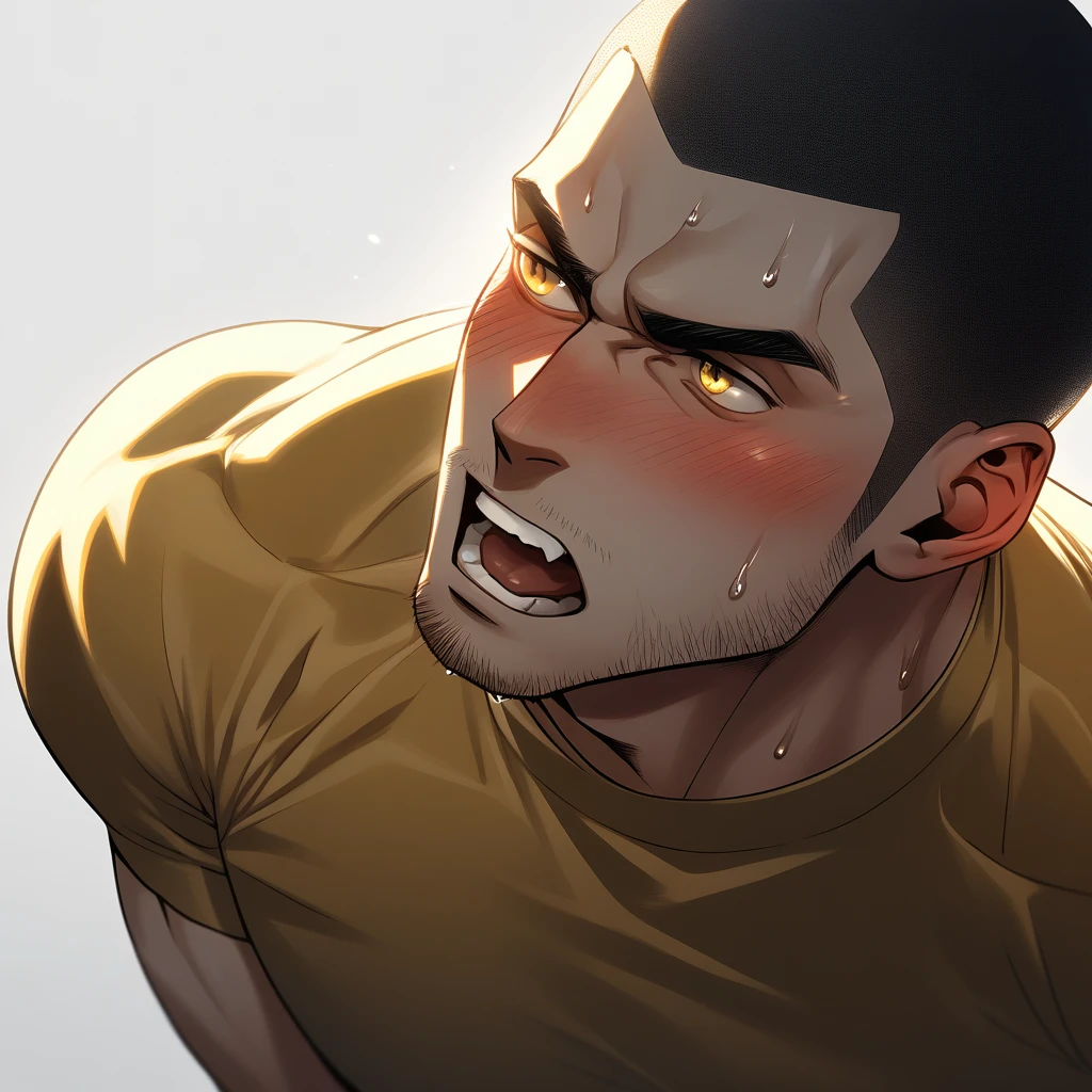 1muscular sportsman, Athlete，male focus, Buzz Cut, Yellow and black tight T-shirt, one ,Very tight, muscular male, muscular, only, Upper body, alone, look to the side, short hair, stubble, sweat, black hair, Yellow eyes, open lips, White background, simple background, amazing quality, best aesthetics, Ridiculous, crew cut, moaning, blush, clair obscur, cinematic lighting, best quality, textured skin