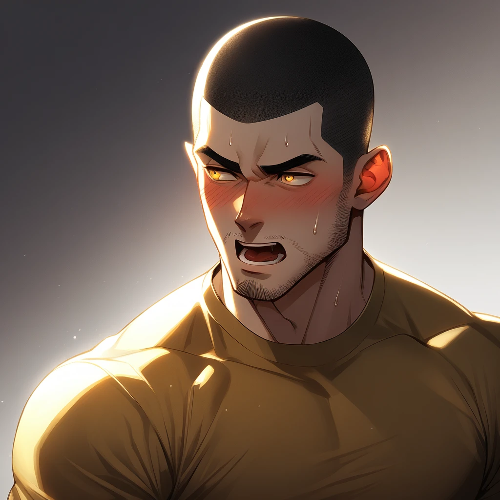 1muscular sportsman, Athlete，male focus, Buzz Cut, Yellow and black tight T-shirt, one ,Very tight, muscular male, muscular, only, Upper body, alone, look to the side, short hair, stubble, sweat, black hair, Yellow eyes, open lips, White background, simple background, amazing quality, best aesthetics, Ridiculous, crew cut, moaning, blush, clair obscur, cinematic lighting, best quality, textured skin