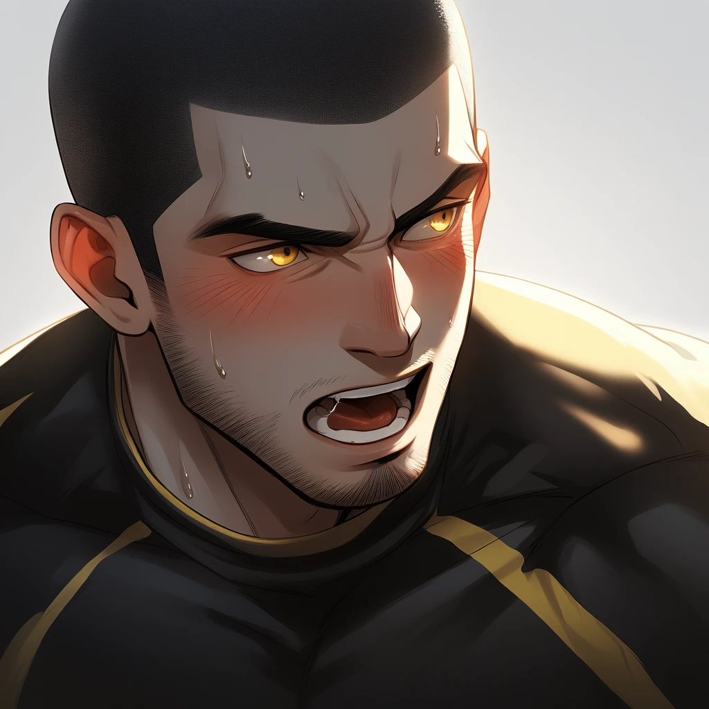 1muscular sportsman, Athlete,male focus, Buzz Cut, Yellow and black tight T-shirt, one ,Very tight, muscular male, muscular, only, Upper body, alone, look to the side, short hair, stubble, sweat, black hair, Yellow eyes, open lips, White background, simple background, amazing quality, best aesthetics, Ridiculous, crew cut, moaning, blush, clair obscur, cinematic lighting, best quality, textured skin